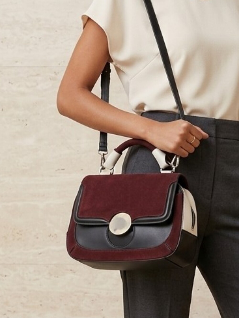 ZARA Colorblock Suede Faux Leather Crossbody Bag in Burgundy Black Tote Shoulder